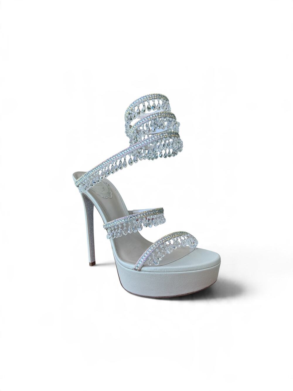 Rene Caovilla Chandelier Heels Light Grey Satin/Crystal Transmiss 39/8.5-9